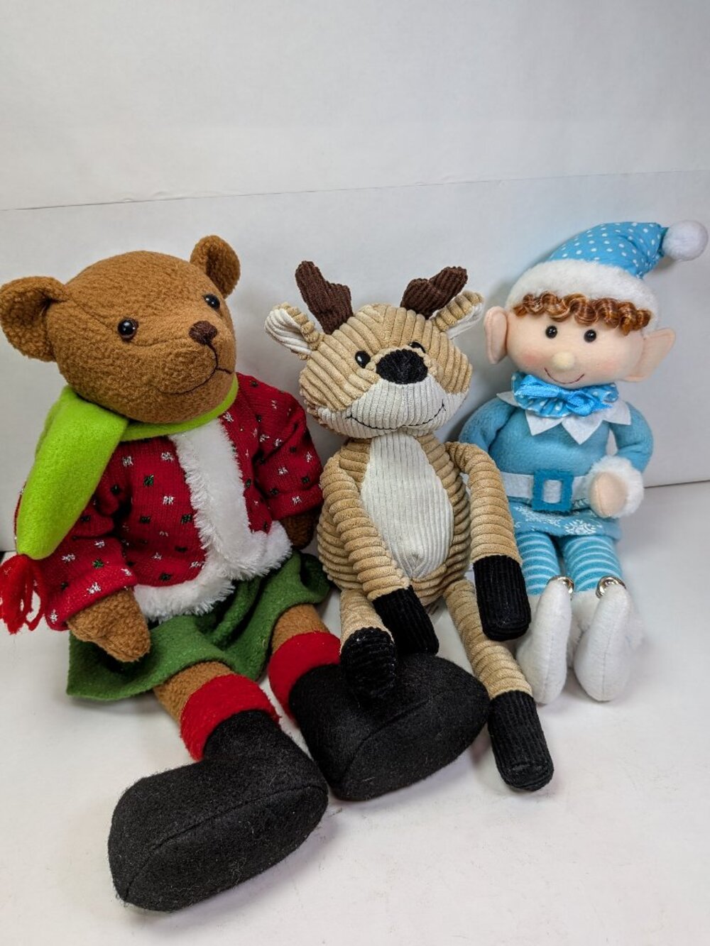 3 Pc Christmas Plush Shelf Sitters- Girl Bear Corduroy Reindeer Light Blue Elf